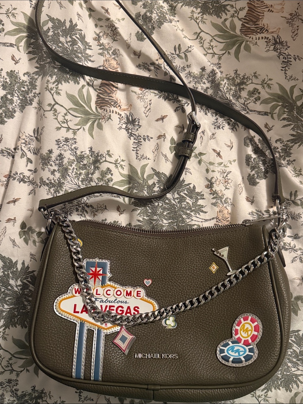 Michael Kors Olive Green Pebbled Leather Crossbody with Las Vegas Patches